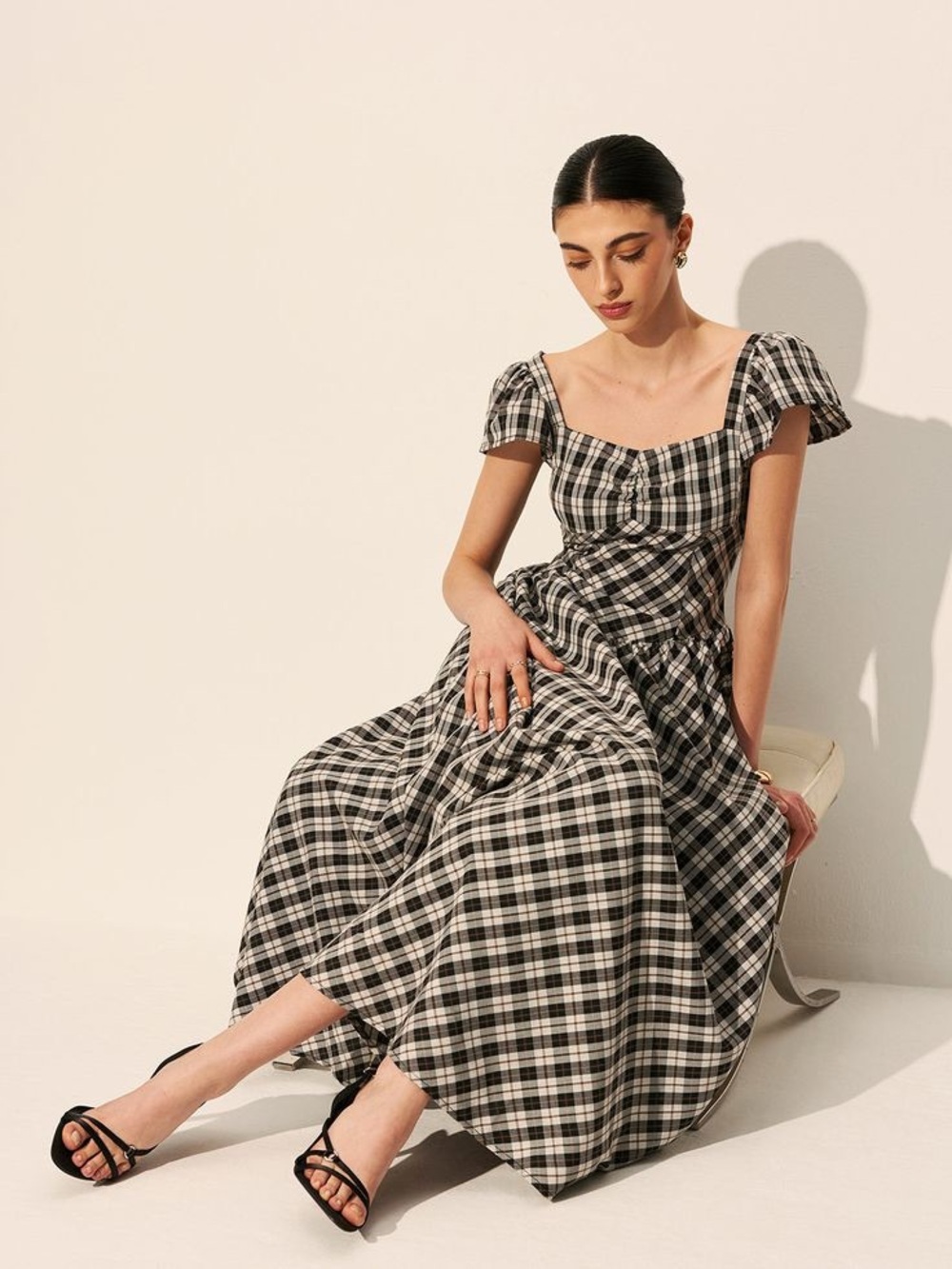 COMMENSE Black White Plaid Ruched Bust Midi Dress Size XS NWT